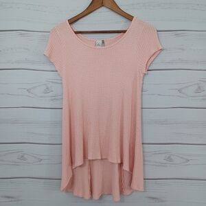 Paper Crane Pink Waffle Weave Rayon Scoop Neck Asymmetrical Blouse Shirt Top